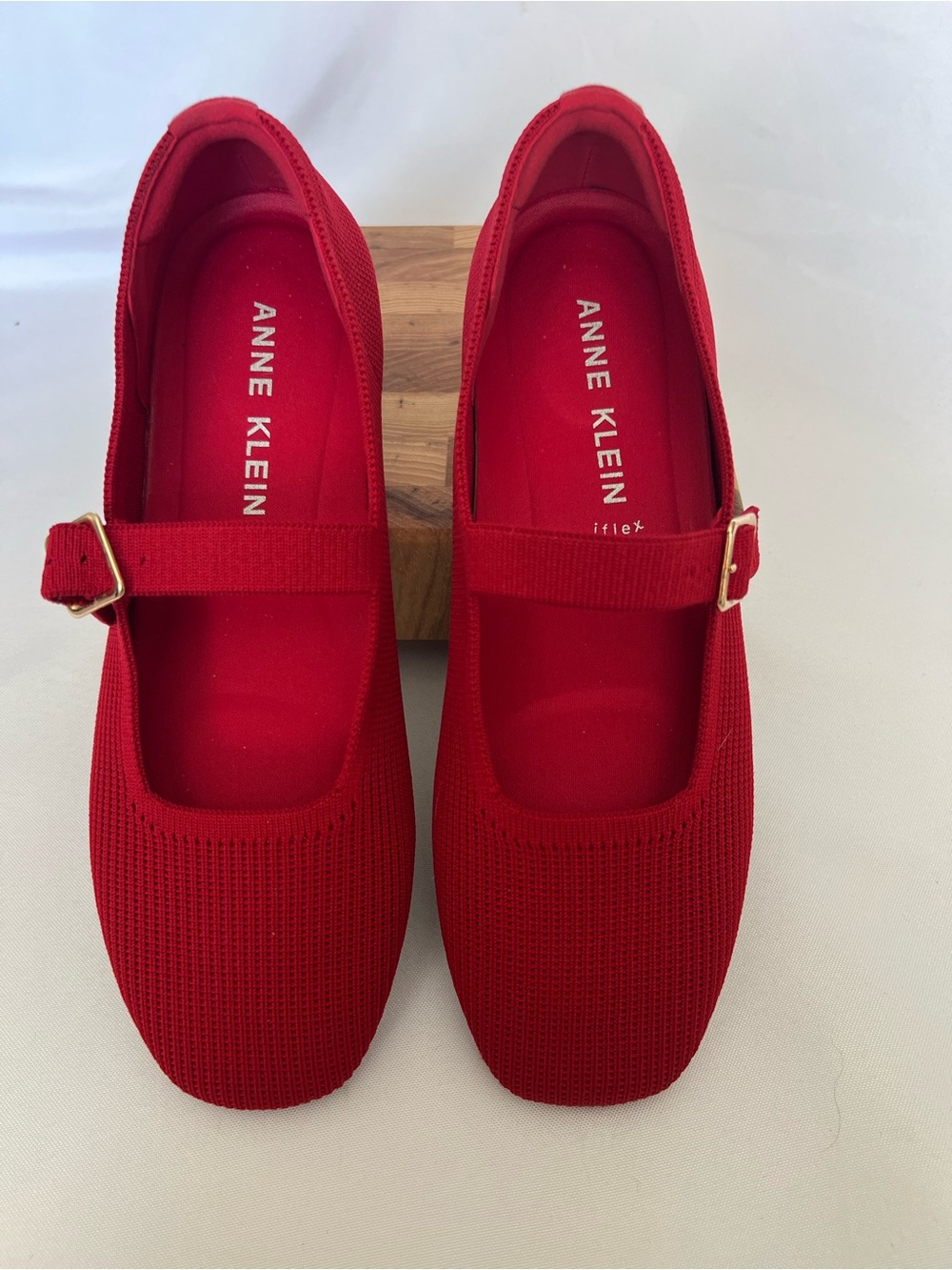 Anne Klein Red Mary Jane Knit Flats with Gold Buckle